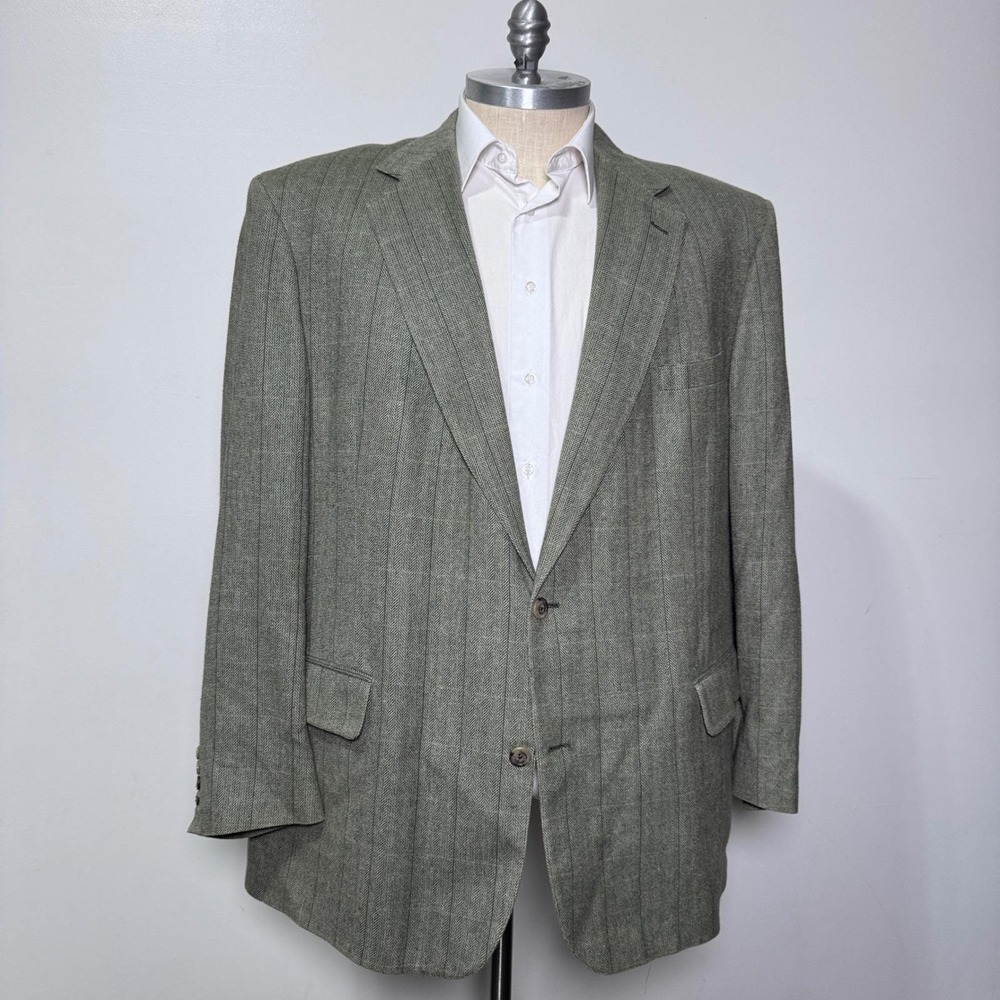 Jos. A. Bank Blazer Mens 54L Green Gray Herringbone Pinstripe 100% Silk